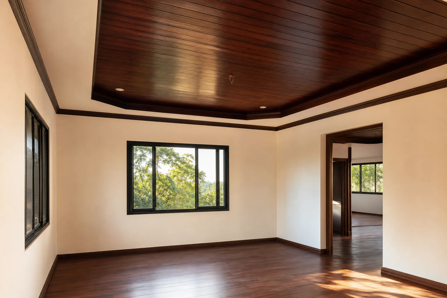 Freshly finished interior with cream walls and dark wood ceiling