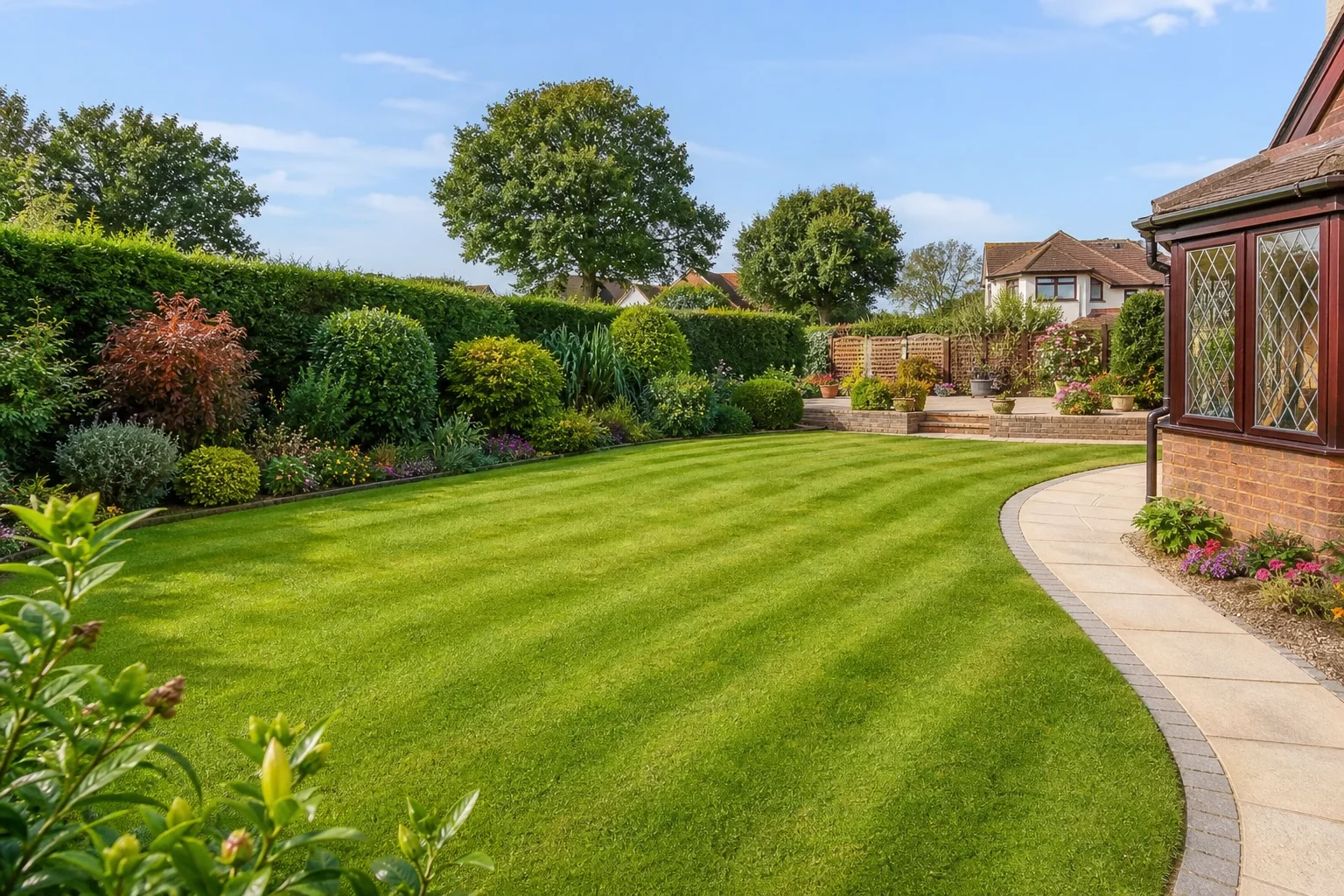 Maintained garden with green lawn, shrubs and paved edging