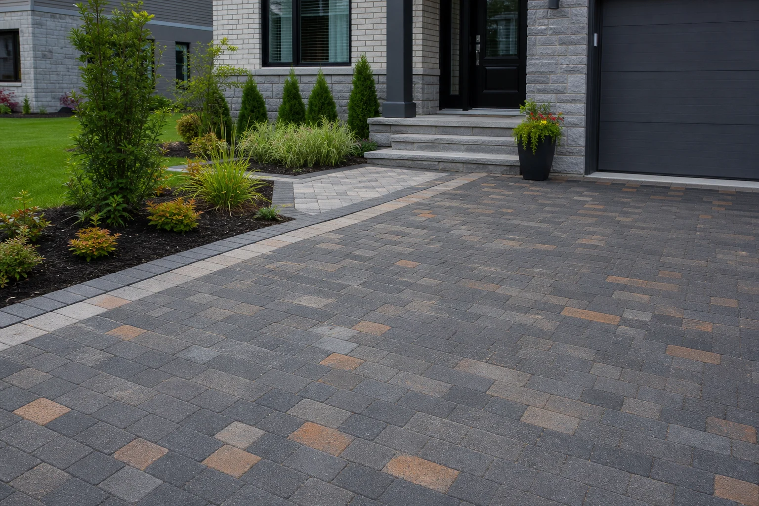 Newly completed interlocking brick driveway paving